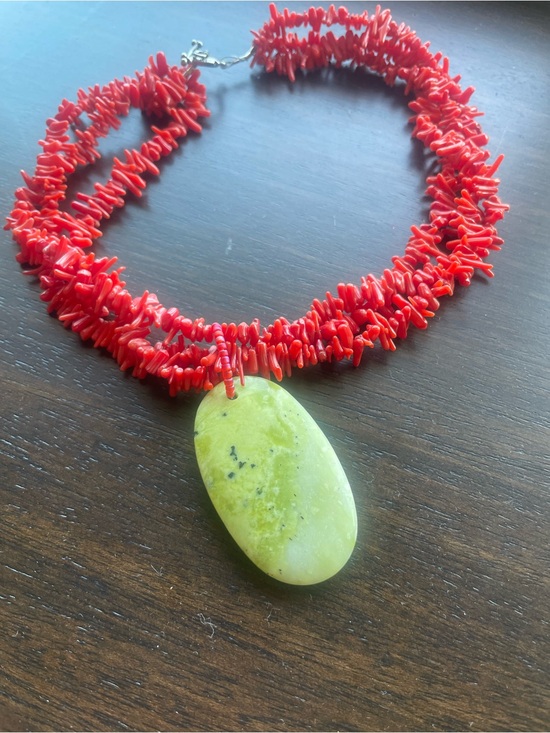 Jewelry - Vintage Red Coral Chip Necklace with Green Stone Pendant